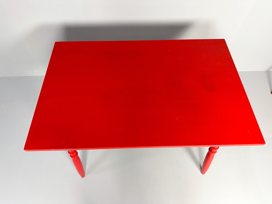 Image 1 of Vintage Set Of 3 Mid-Century Red Lacquered Chairs With Table 