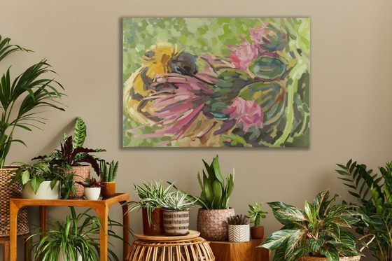 Image 1 of Bumblebee and Thistles, oil on canvas, 100x70cm, Sandra Kolondam