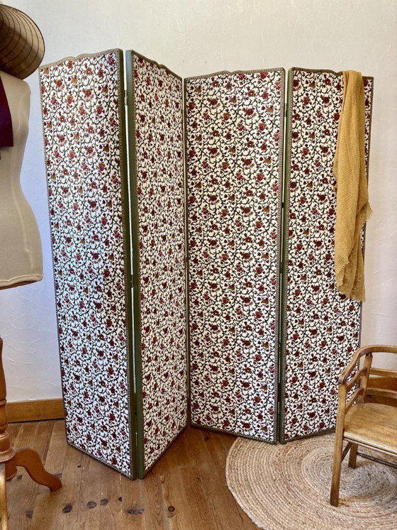 Image 1 of Paravento antico a 4 pannelli in pino – Completamente restaurato – Tessuto: "Grand Teint meubles"