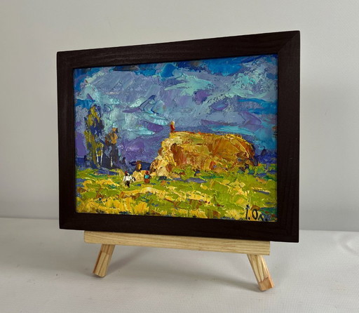 Original Oil Painting Summer Field Landscape Harvesting hay in the field