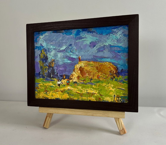 Image 1 of Original Oil Painting Summer Field Landscape Harvesting hay in the field