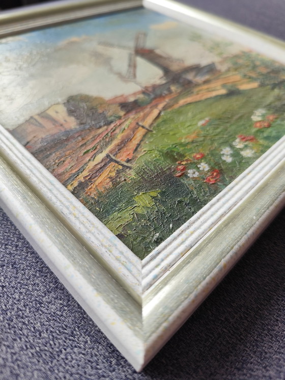 Image 1 of Olieverfschilderij "Windmolen in landschap" gesigneerd A. Schiele 1952, 27,5 x 27,5 cm Kunst