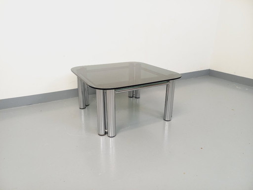 Vintage Italian Space Age square coffee table in smoked glass and chrome-plated metal from the '70s