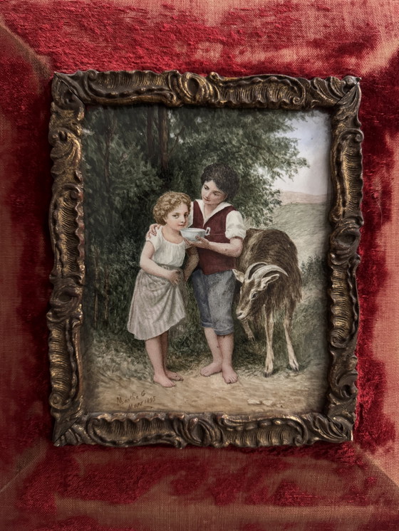 Image 1 of Dipinto di scena pastorale su porcellana, XIX secolo