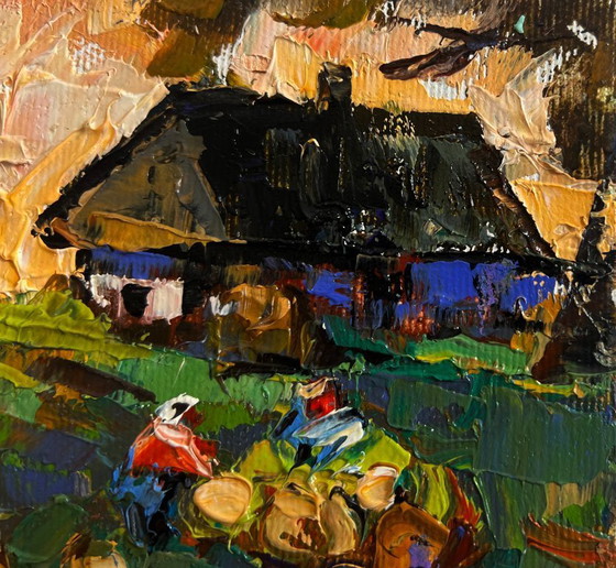 Image 1 of Original Oil Painting Autumn Houses Landscape Autumn vegetable gardens