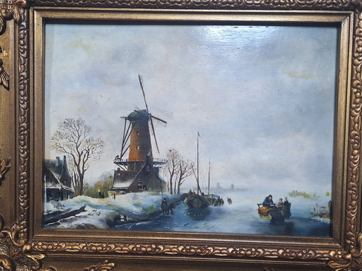 Pintura al óleo sobre tabla con escena invernal.