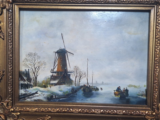 Image 1 of Wintertafereel olieverfschilderij op paneel 