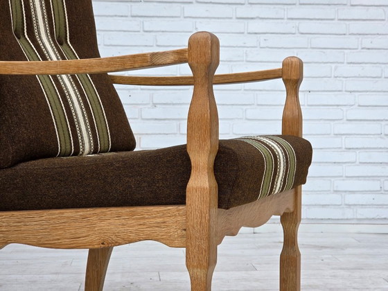 Image 1 of Sillón danés de los años 70, tapizado original de lana a rayas, madera de roble tallada.