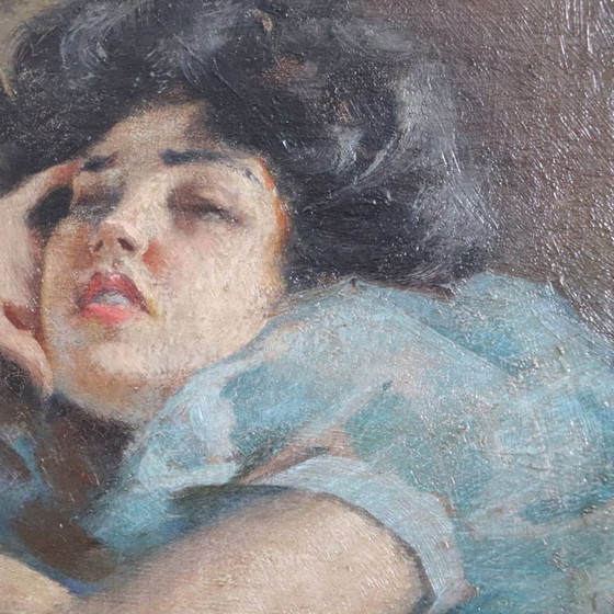 Image 1 of Girl Lying Down, Oil Painting on Board signed A Villa, Italy Late 19th Century