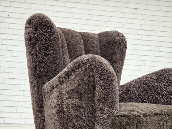 1960s, Danish design, reupholstered armchair, genuine sheepskin., Other, Brown (photo 2 of 20)