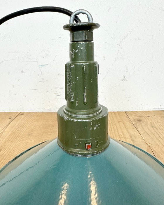 Image 1 of Industrial Petrol Enamel Military Pendant Lamp with Cast Aluminium Top, 1960s