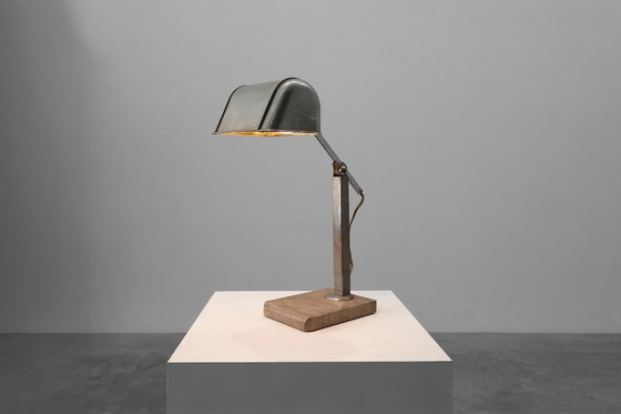 Image 1 of Art-déco-Schreibtischlampe aus Metall und Travertin im Industriestil, Belgien, 1930er Jahre