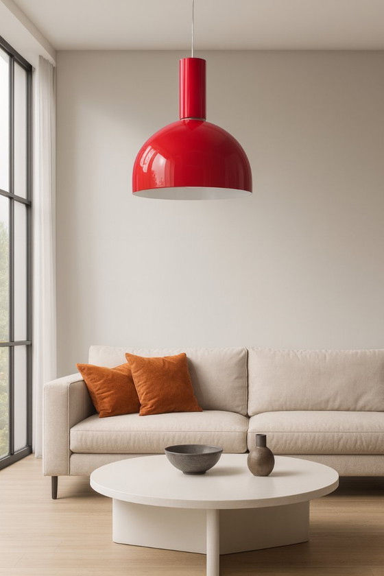 Image 1 of Vintage Joakim Fihn voor Belid – Set van 2 “Hero” pendellampen T1048 – rood gelakt metaal