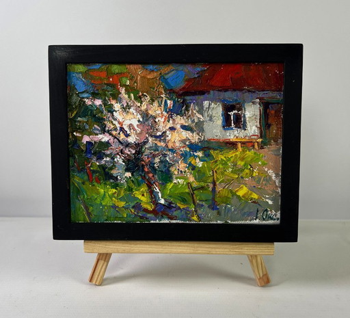 Original Oil Painting Village Day Landscape Petals under the warm spring sun