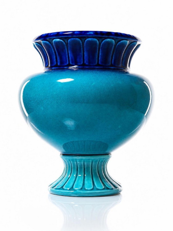 Image 1 of Turquoise en kobaltblauwe geglazuurde aardewerken vaas/plantenbak van D. Dinis, jaren 1960-1980.