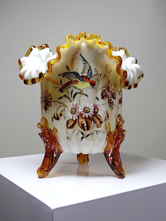 Image 1 of Antique tripod vase, opaline glass, glazed, 19th-20th century, Victorian style