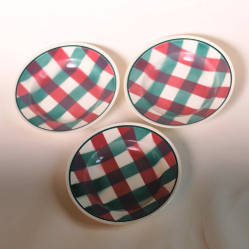 set of three gingham art deco plates