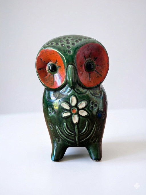 Grote vintage spaarpot met uil van Jema Holland, 20 cm, glanzend keramiek, jaren 70.