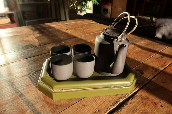 Image 1 of Vintage 1970s Vietnamese Ceramic Tea Set with Lacquered Tray, Hanoi – Minimalist - 2C30