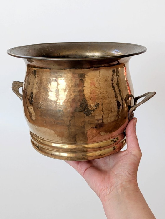 Image 1 of Vintage Hammered Brass Cachepot Planter with Ornate Handles and Age Patina