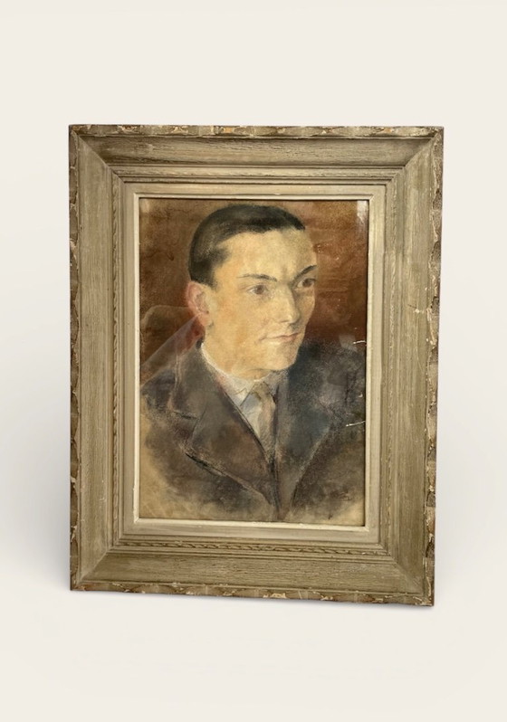 Image 1 of Pastel portrait of a man under glass, signed, early 20th century