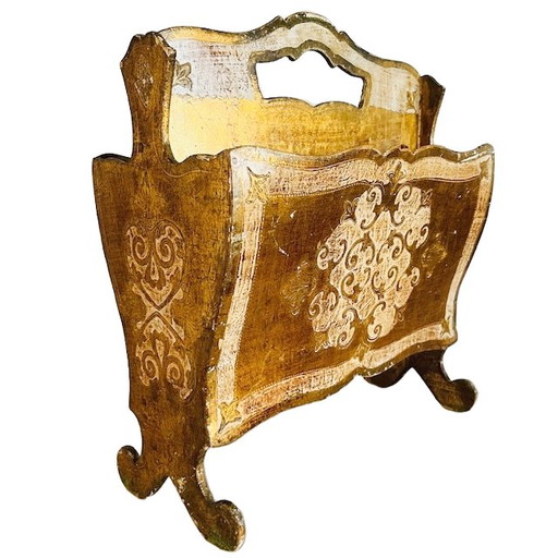 Vintage Florentine gold Hollywood Regency magazine rack 1970s