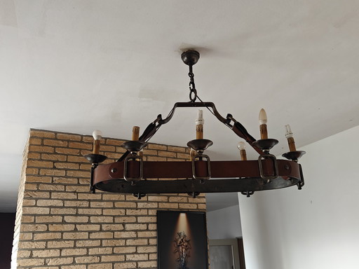 Lampadario francese con rivestimento in pelle, anni '50