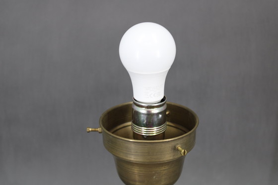 Image 1 of 1940s Restored Brass Table Lamp with Wooden Base and Glass Shade