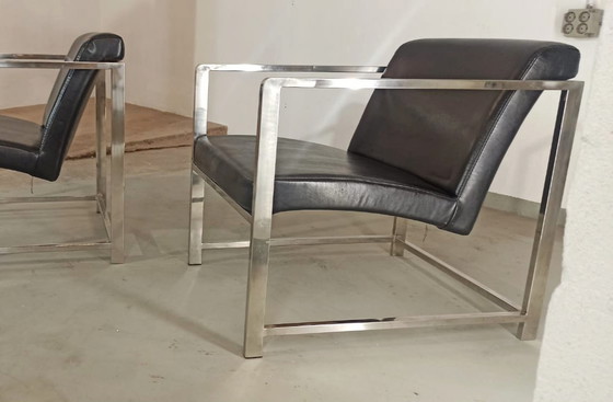 Image 1 of Set of 2 black leather and chrome easy chairs 