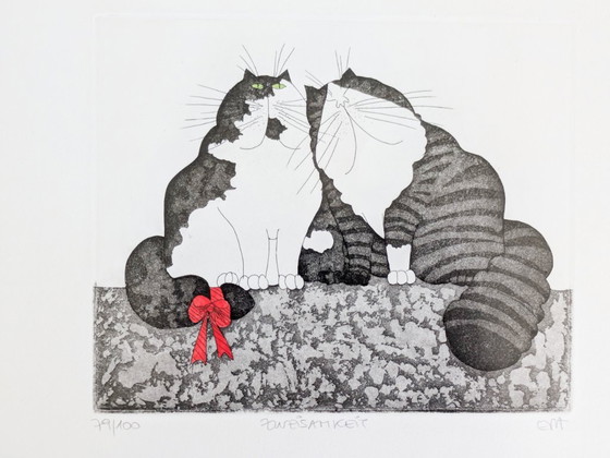 Eva Ziolkowski Signed Cats Etching Numbered 79/100 "Zweisamkeit" Framed Original Wall Art (photo 2 of 18)