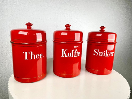 Image 1 of Vintage Red Kitchen Canisters for Tea, Sugar & Coffee  – Dutch Retro Enamel Kitchen Storage Tins – Old European Kitchen Storage 
