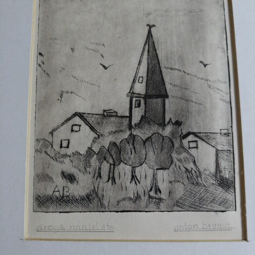 Original Anton Brunia Drypoint Etching – Framed Vintage Graphic Art