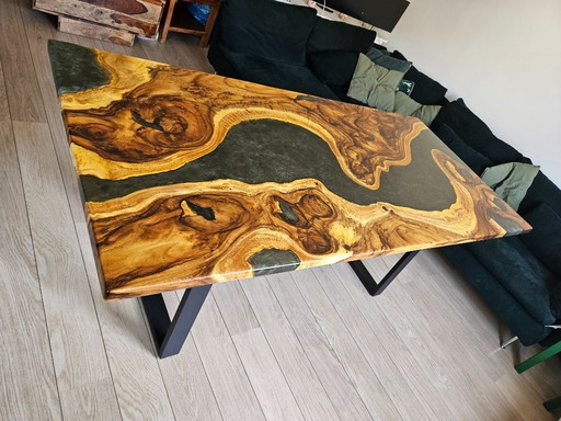 Rain tree wood epoxy river dining table grey/silver 