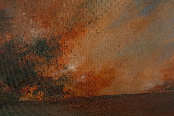 Large Original Blue and Orange Abstract Landscape Painting, Textured Acrylic Canvas - Whispering Embers (photo 17 of 23)