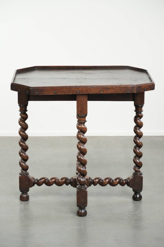Image 1 of Very special antique English walnut side/center table with beautiful turned legs and an octagonal top from ca. 1680.