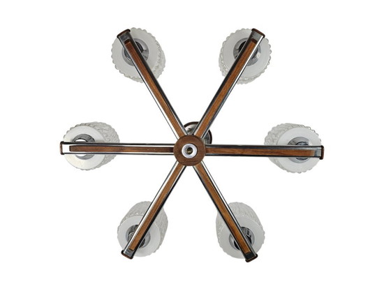 Image 1 of Lustre vintage Kamenicky Senov - teck - métal - chrome - cristal - Allemagne de l'Ouest - années 60