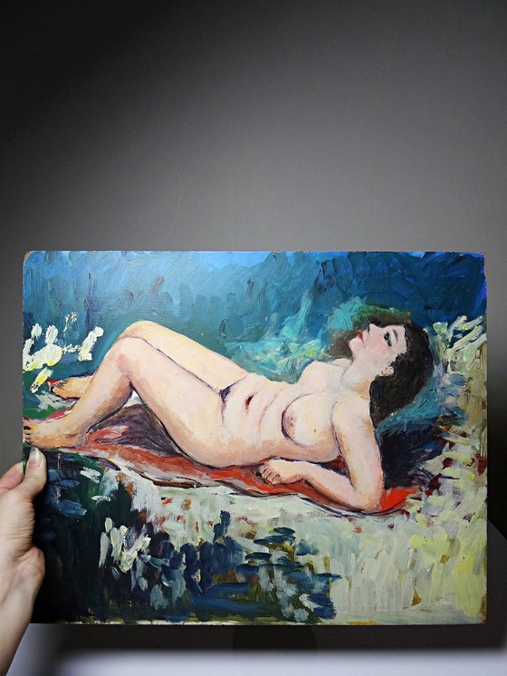 Image 1 of Small painting of a reclining nude woman, modern oil on vintage panel