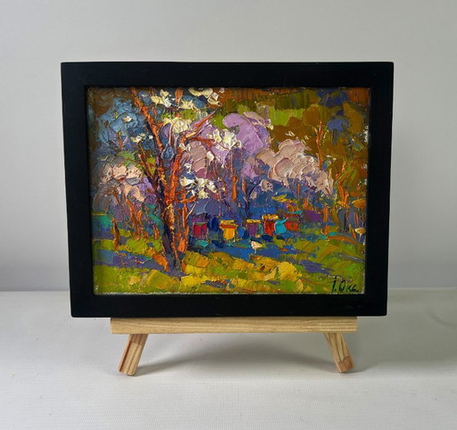 Original Oil Painting Summer Forest Landscape Sunny day at the apiary