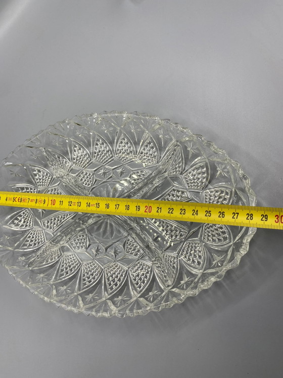 Pressed Glass Compartmented Serving Dish, Art Deco Geometric Design – Glass & Decanter (photo 3 of 4)