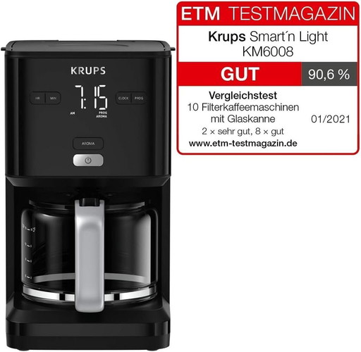 Krups KM6008 Smart'n Light Cafetière filtre | Affichage intuitif | Capacité 1,25 l pour jusqu'à 15 tasses de café | Fonction arr