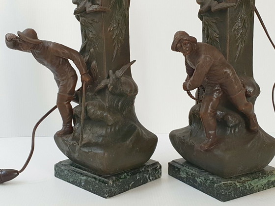 Image 1 of Een paar art-deco visserslampen, jaren 1940, vintage, metaal en marmer, jaren 1930-1940