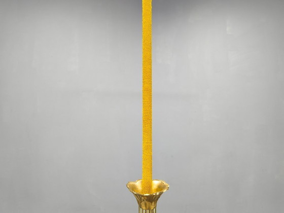 Image 1 of Lámpara de araña Art Déco de latón con pantallas de cristal, Checoslovaquia, década de 1930.