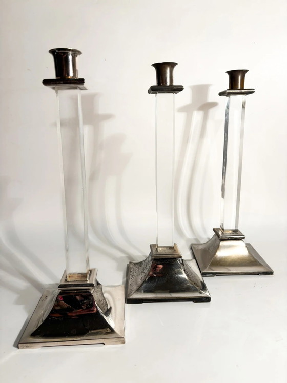Set of 3 1970s Plexiglass and Silver-Plated Metal Candle Holders – Decorative Objects (photo 4 of 12)