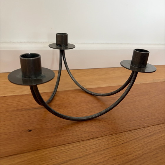 Vintage three-arm metal candle holder, minimalist, 20 cm, Grey (photo 3 of 5)