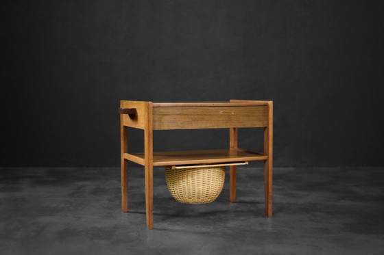 Image 1 of Vintage Mid-century Danish Modern Teak Thread Side Table with Wicker Basket, 1960s