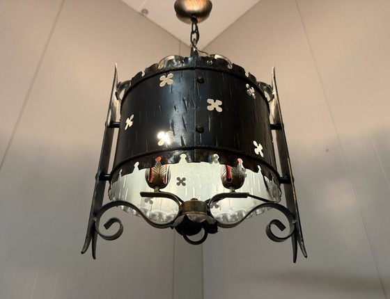 Brutalist classic castle style iron pendant lamp 1960s, Metal, Black, Rustic (photo 3 of 13)
