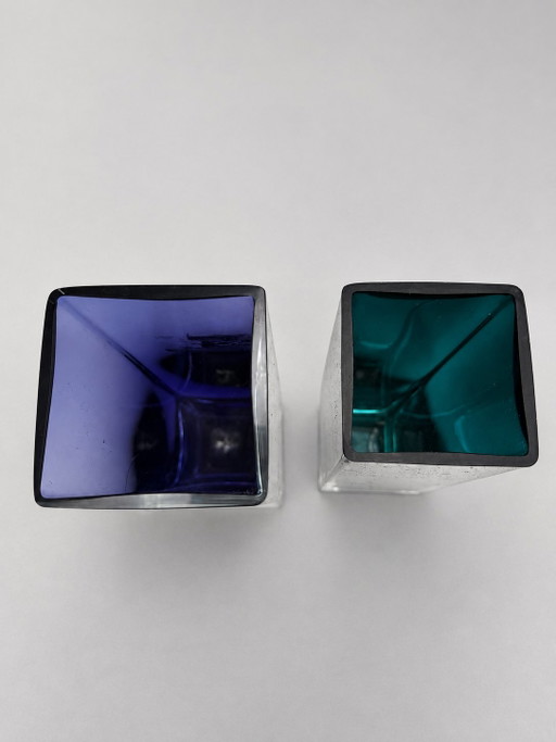 Set aus 2 Vintage 'Sommerso' Blockvasen – Kobaltblau & Petrol (Murano Stil) – vazen, Glass (photo 2 of 7)