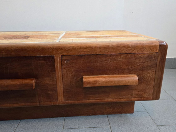 Image 1 of Vintage 1970s Ceramic Coffee Table with Solid Oak Top and 3 Drawers, DLG Capron