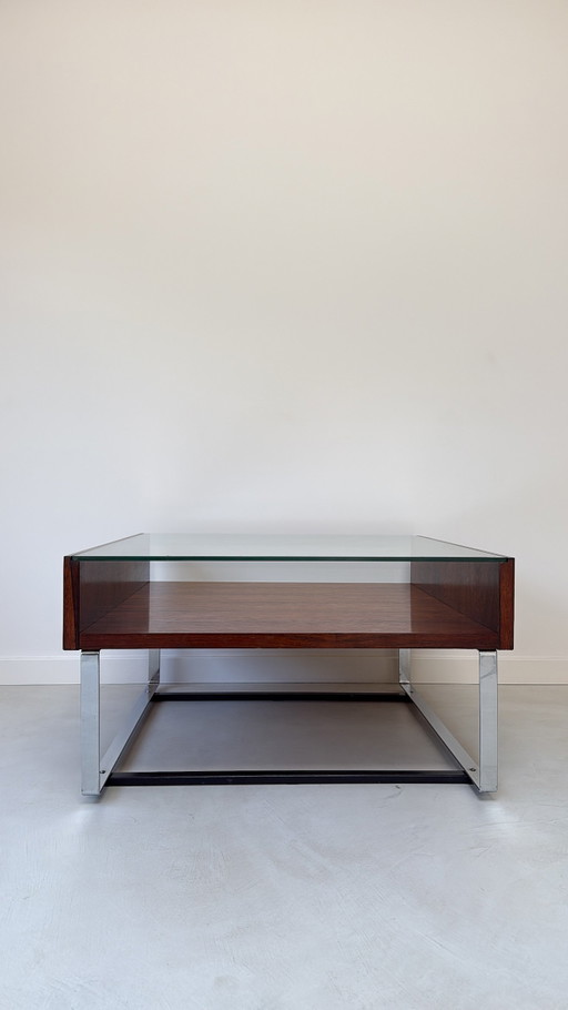 Vintage palissander houten salontafel met glazen bovenblad en metalen onderstel