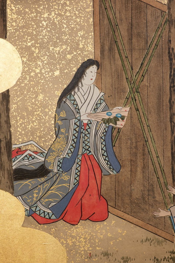 Image 1 of Antico paravento giapponese a sei pannelli con raffigurazione della storia di Genji.